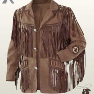 Front view of a men's brown suede western jacket featuring silver concho buttons, bone pipe bead chest accents, beaded shoulder strips, and fringed patch pockets.