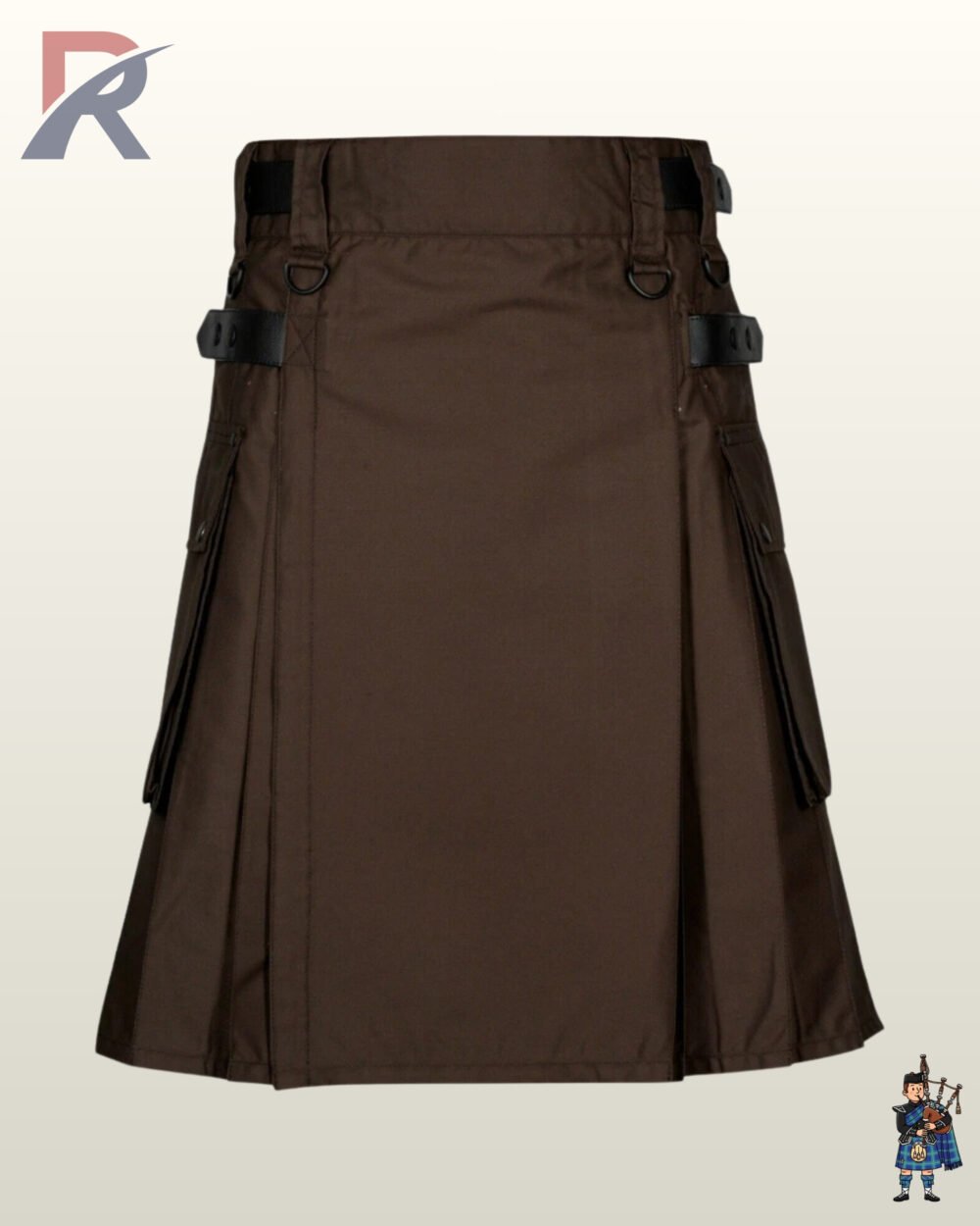 Front view of a dark brown utility workwear kilt detailed with black leather waist accents and D-rings.