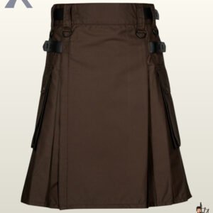 Front view of a dark brown utility workwear kilt detailed with black leather waist accents and D-rings.