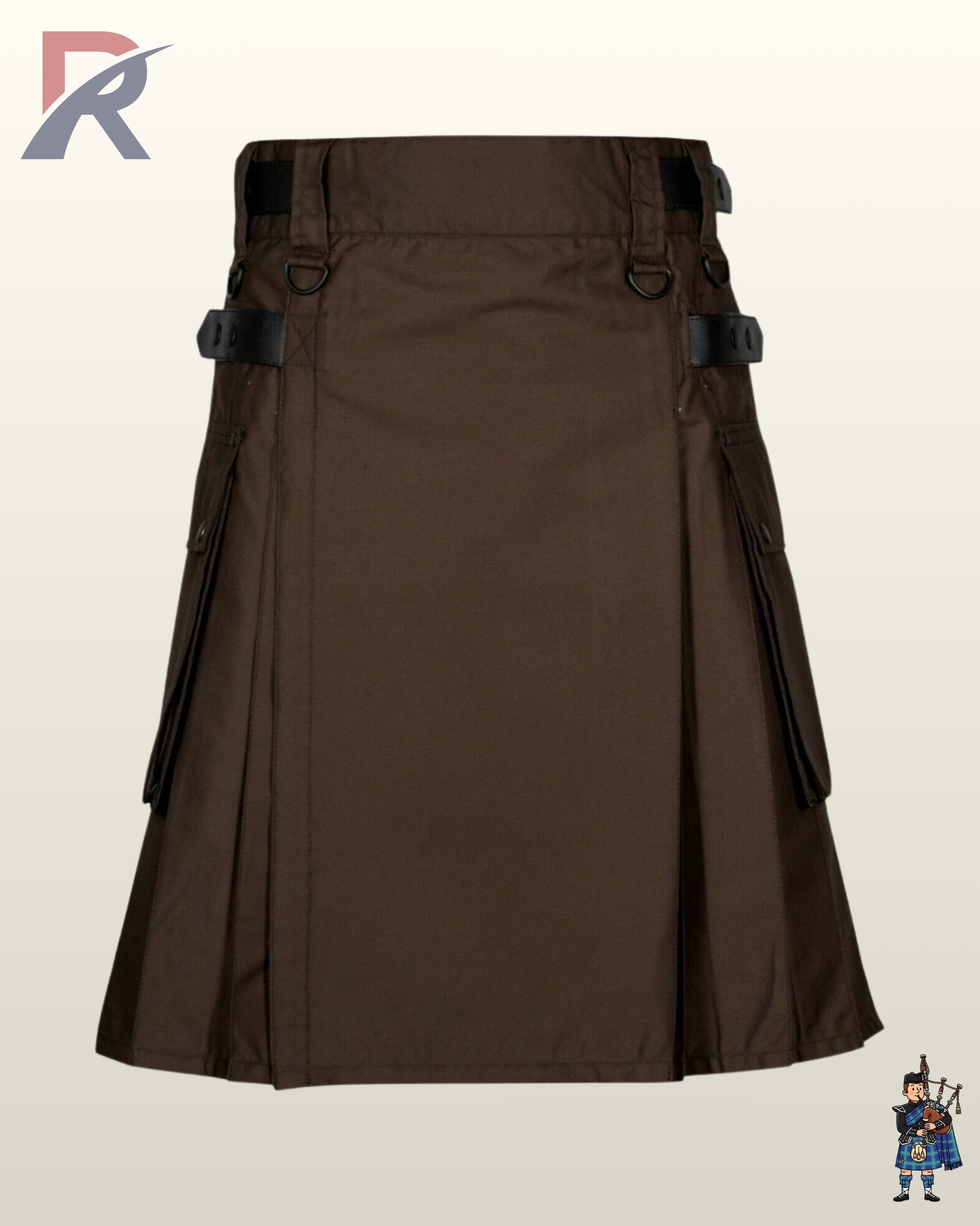 Front view of a dark brown utility workwear kilt detailed with black leather waist accents and D-rings.