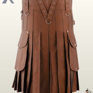 Men's brown alternative fashion kilt showing front strap detailing, belt loops, and spacious cargo pockets.