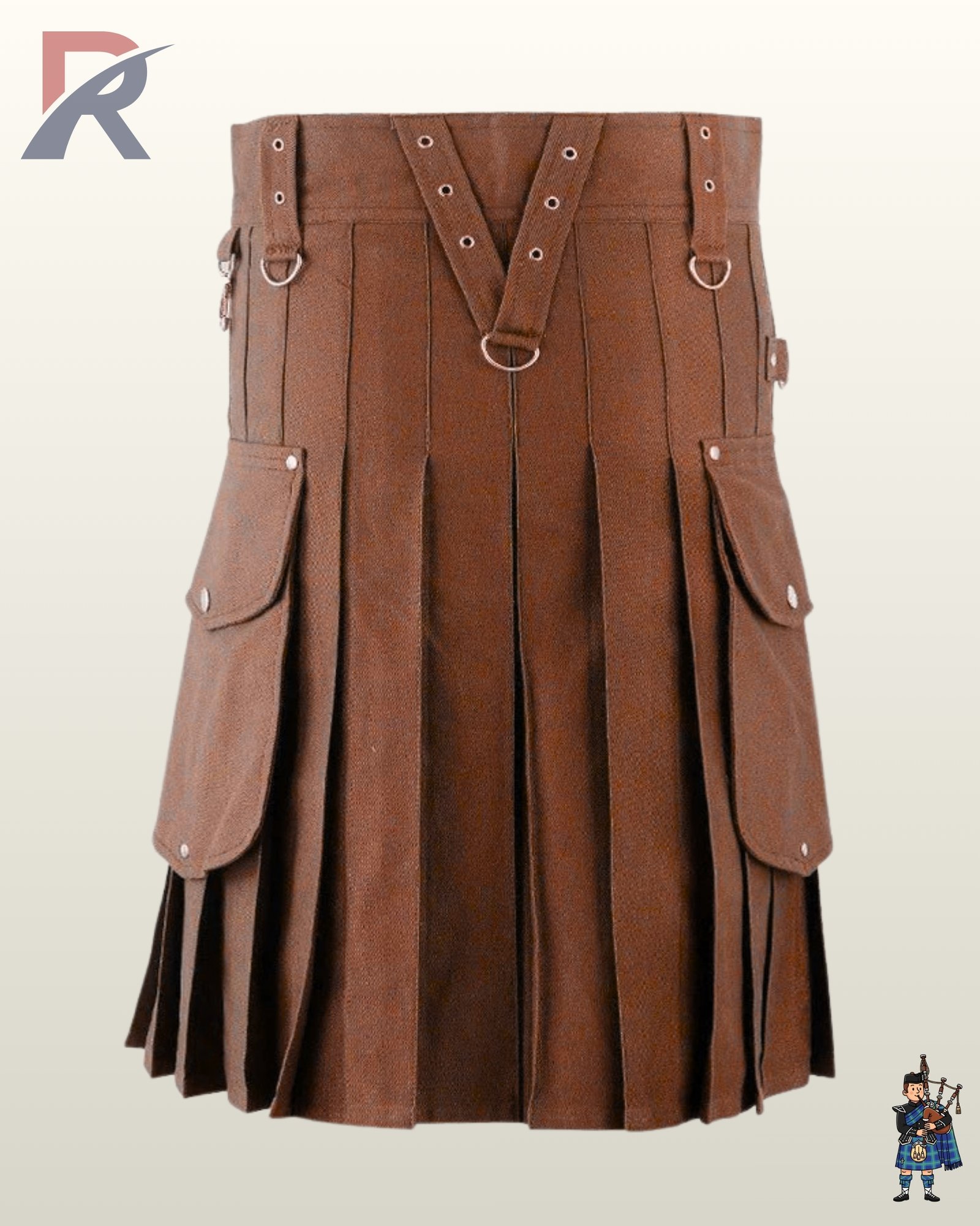 Men's brown alternative fashion kilt showing front strap detailing, belt loops, and spacious cargo pockets.