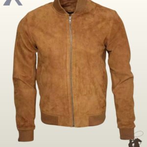 Classic men's cognac brown suede bomber jacket styled with ribbed collar, ribbed waistband, side welt pockets, and a full zip front.