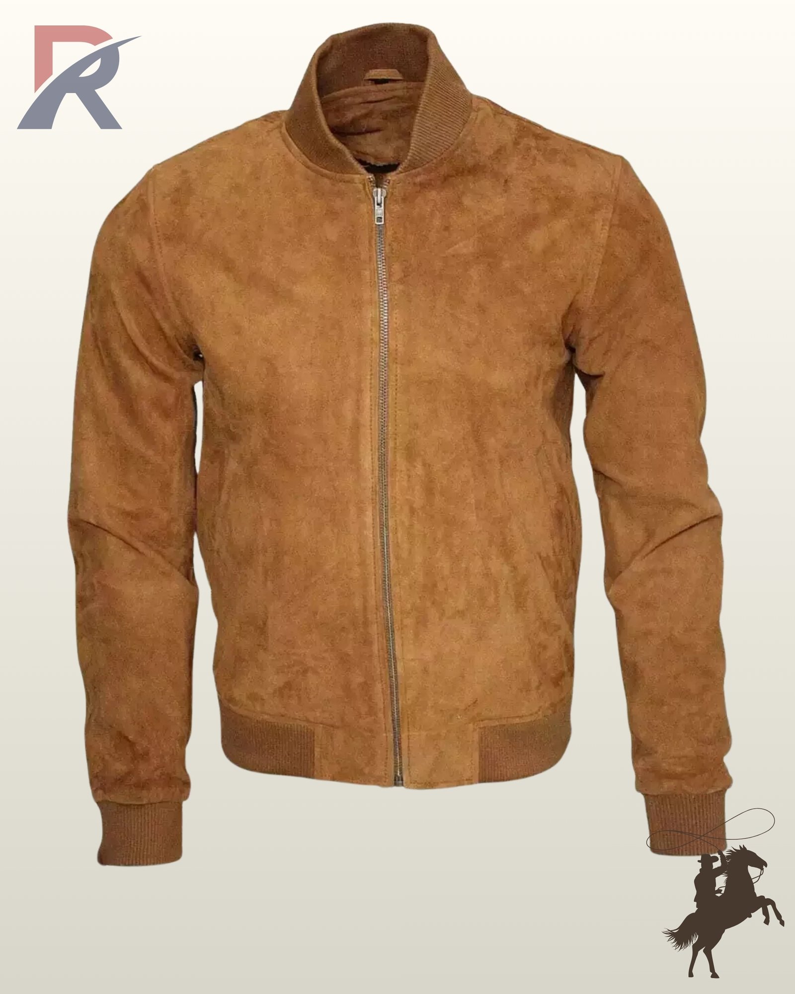 Classic men's cognac brown suede bomber jacket styled with ribbed collar, ribbed waistband, side welt pockets, and a full zip front.