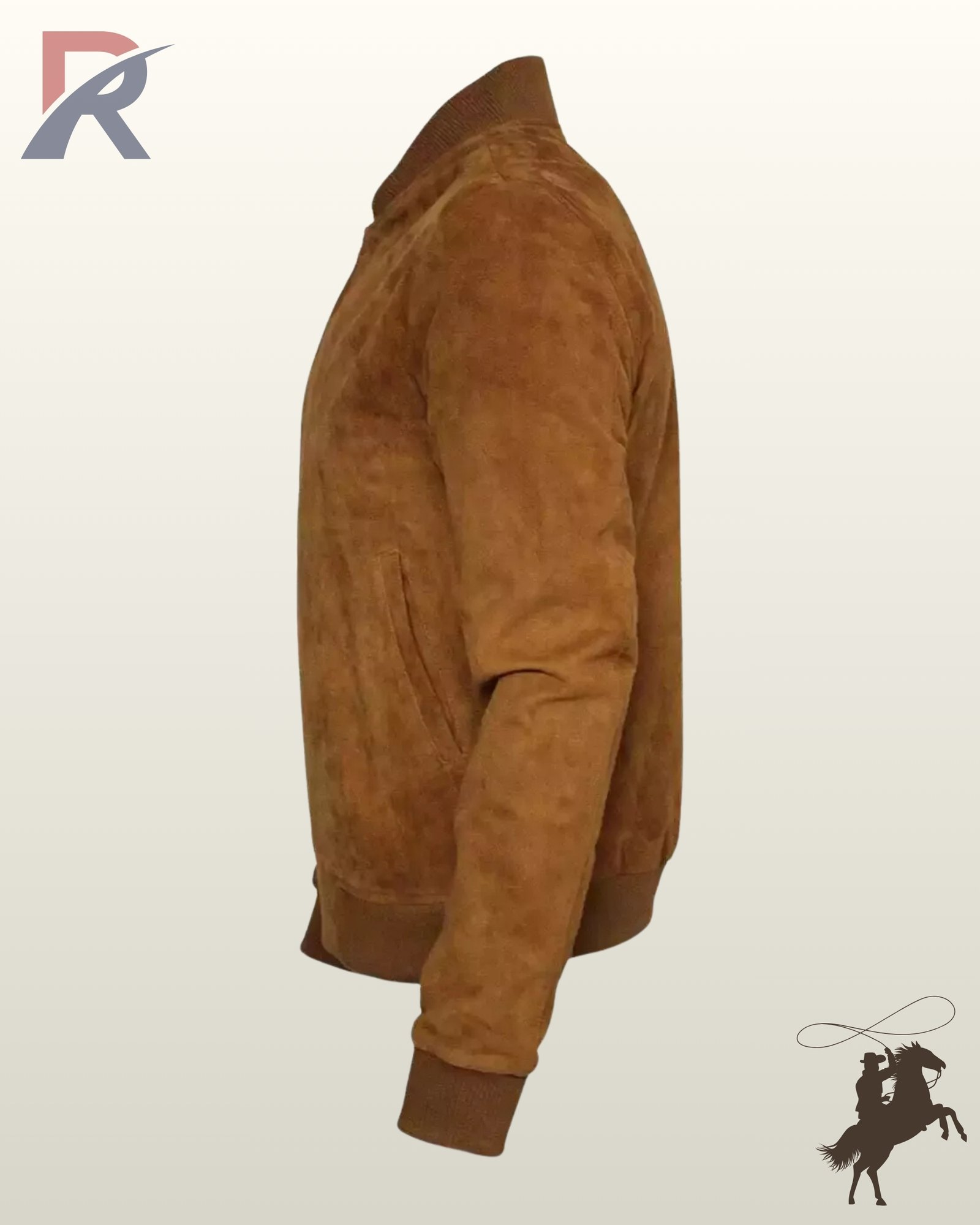 Side profile view of a men's camel tan suede leather bomber jacket featuring ribbed knit cuffs and waist hem.