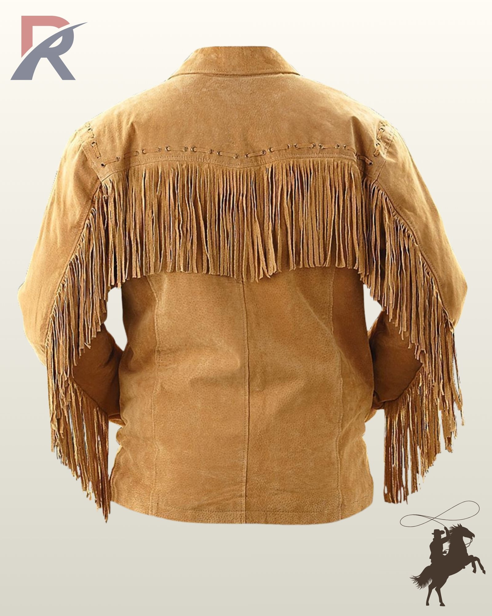 Rear view of a men's camel tan suede western jacket displaying a fringed back yoke and long sleeve tassels.