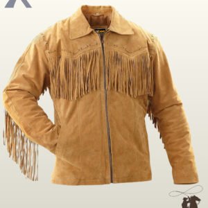 Classic men's sand brown suede cowboy jacket styled with heavy chest fringe, braided stitch accents, turn-down collar, and full front zipper.