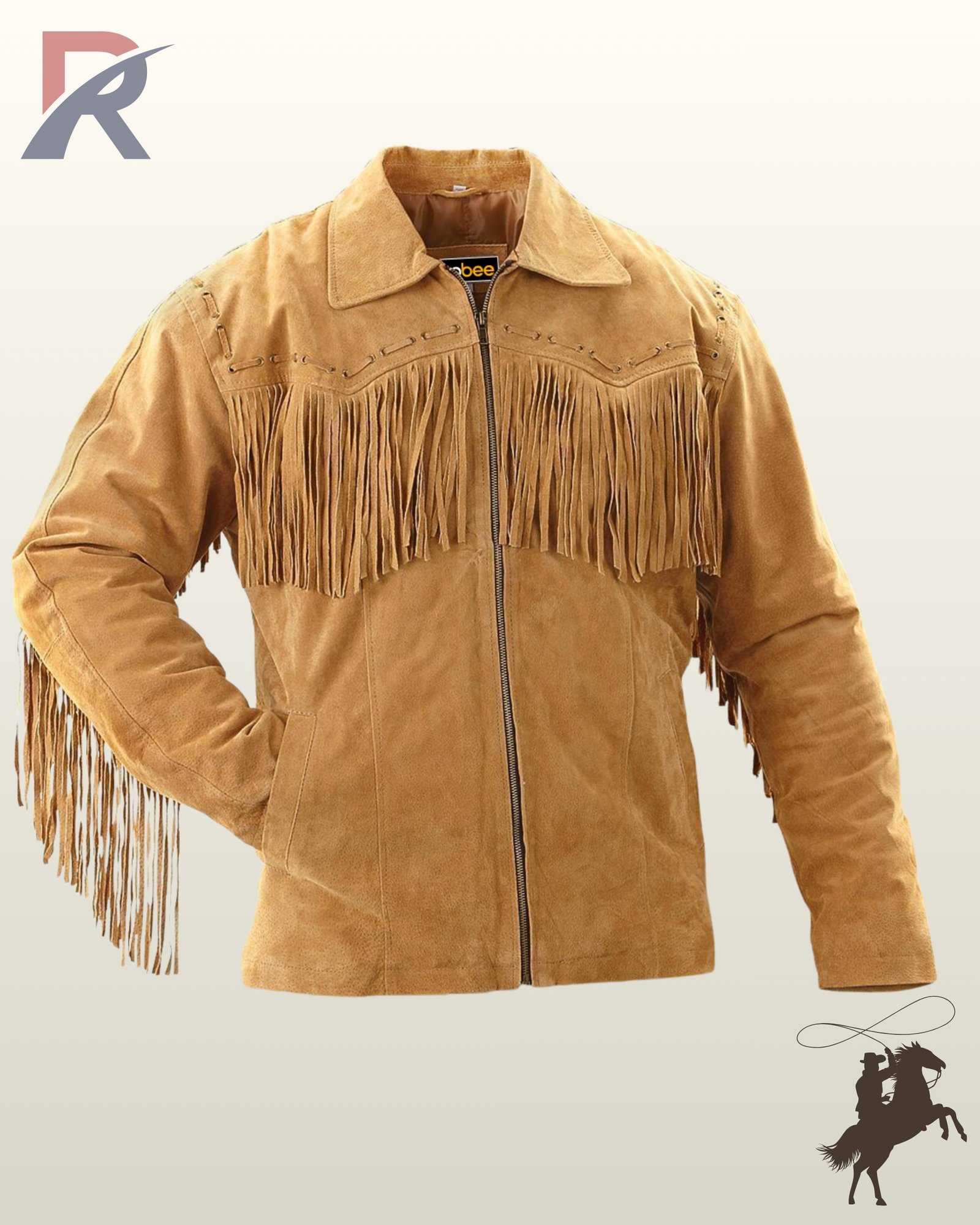Classic men's sand brown suede cowboy jacket styled with heavy chest fringe, braided stitch accents, turn-down collar, and full front zipper.