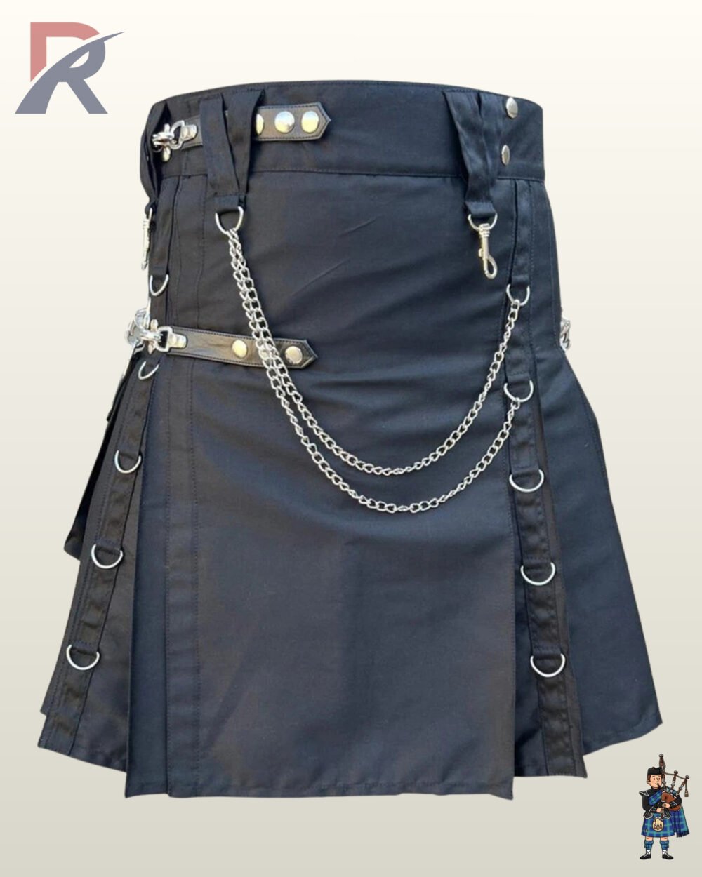 Heavy-duty charcoal grey cotton canvas kilt styled with leather accent straps, silver snaps, and metallic chain draping.
