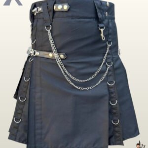 Heavy-duty charcoal grey cotton canvas kilt styled with leather accent straps, silver snaps, and metallic chain draping.