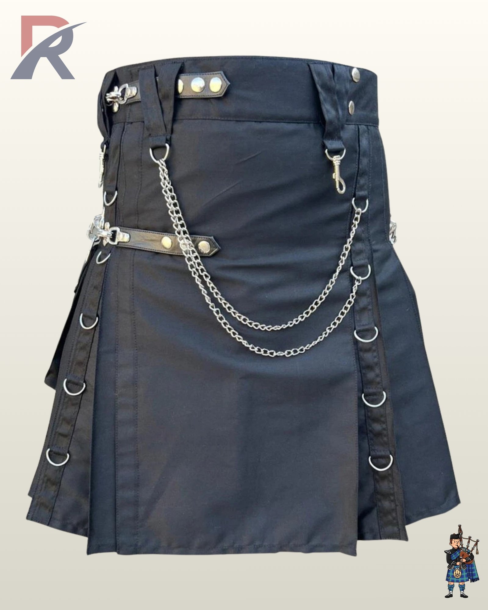 Heavy-duty charcoal grey cotton canvas kilt styled with leather accent straps, silver snaps, and metallic chain draping.
