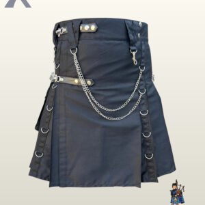 Front view of a charcoal grey utility kilt featuring adjustable side straps, silver trigger clips, and dual chains.