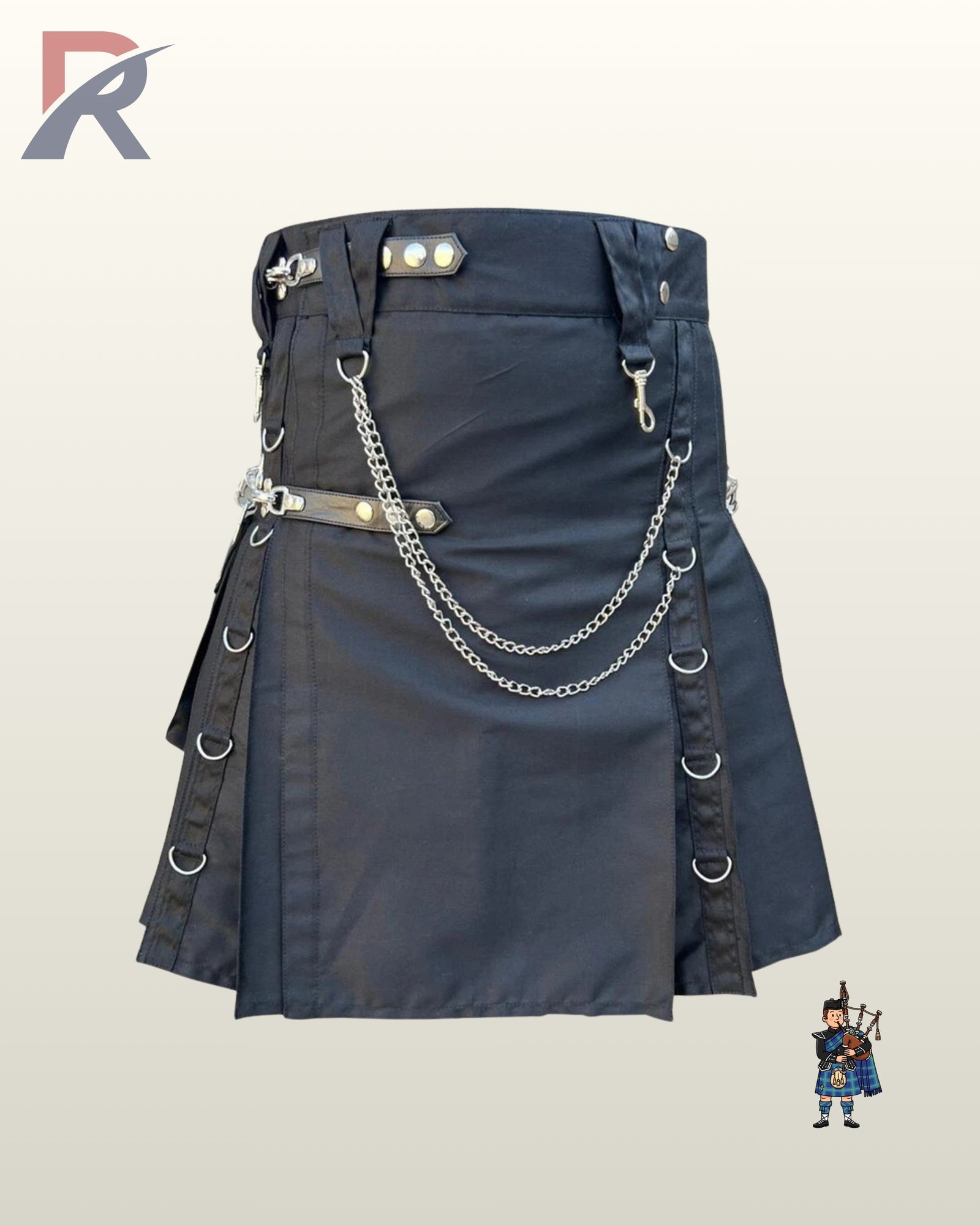 Front view of a charcoal grey utility kilt featuring adjustable side straps, silver trigger clips, and dual chains.