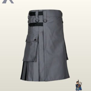 Heavy-duty grey utility kilt for men showing side cargo pocket details and black D-ring attachments.