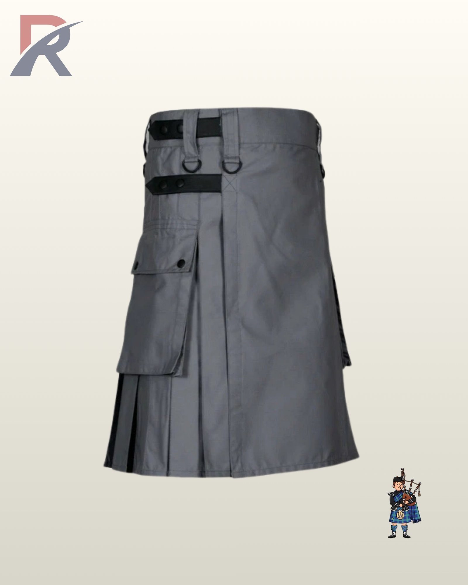 Heavy-duty grey utility kilt for men showing side cargo pocket details and black D-ring attachments.