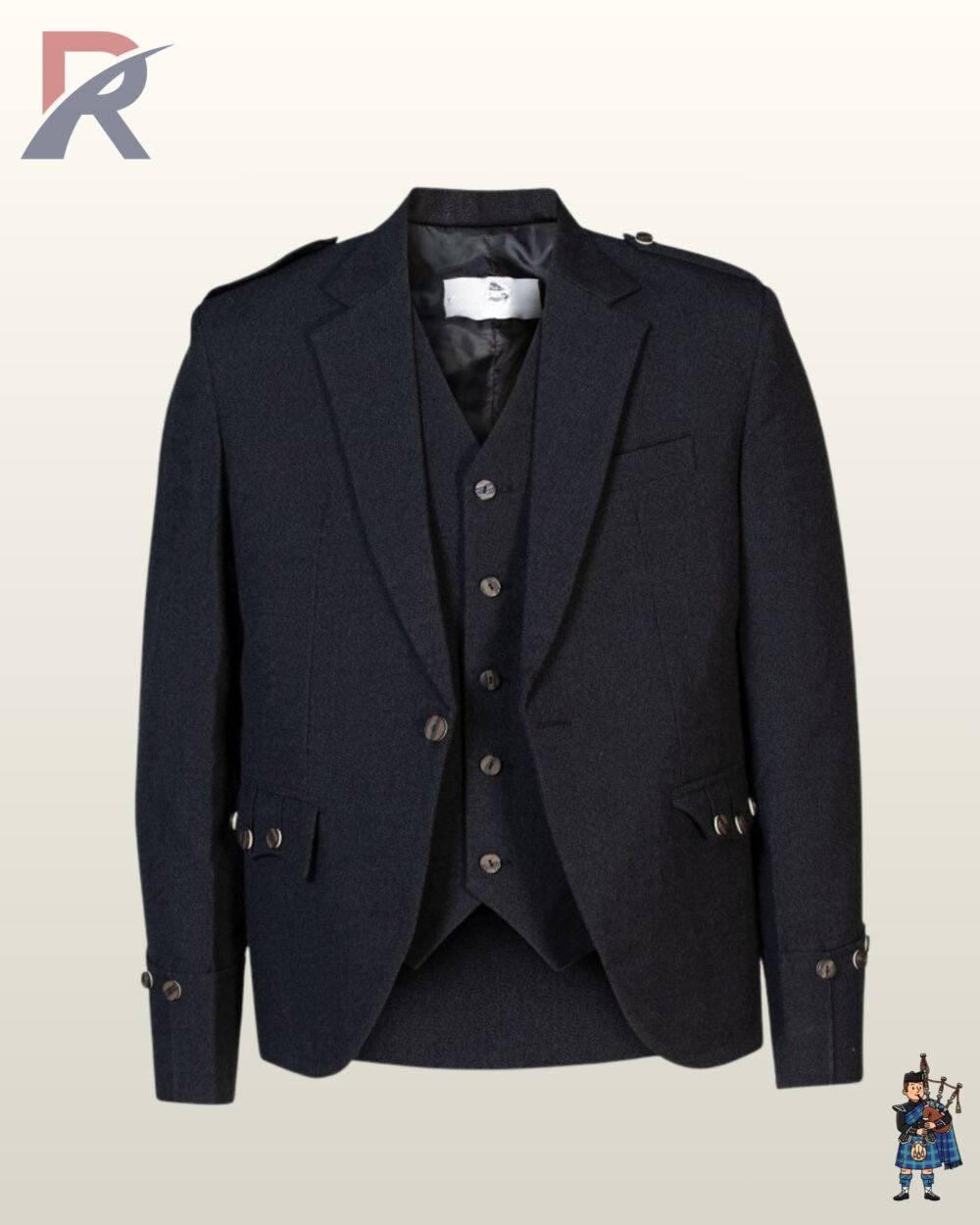 Front view of a men's dark charcoal wool tweed Argyle kilt jacket paired with a matching 5-button waistcoat.