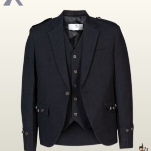 Front view of a men's dark charcoal wool tweed Argyle kilt jacket paired with a matching 5-button waistcoat.