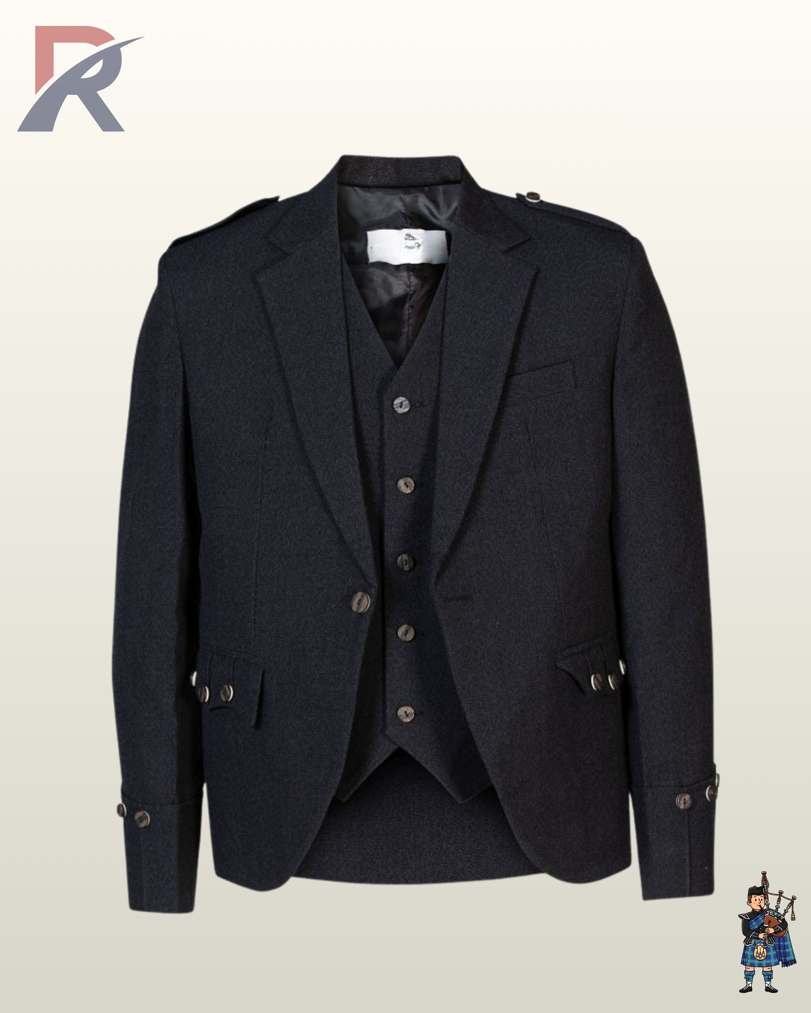 Front view of a men's dark charcoal wool tweed Argyle kilt jacket paired with a matching 5-button waistcoat.
