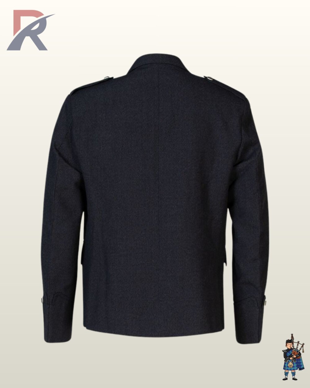 Rear view of a men's dark charcoal wool tweed kilt jacket showing clean tailored lines and shoulder epaulets.