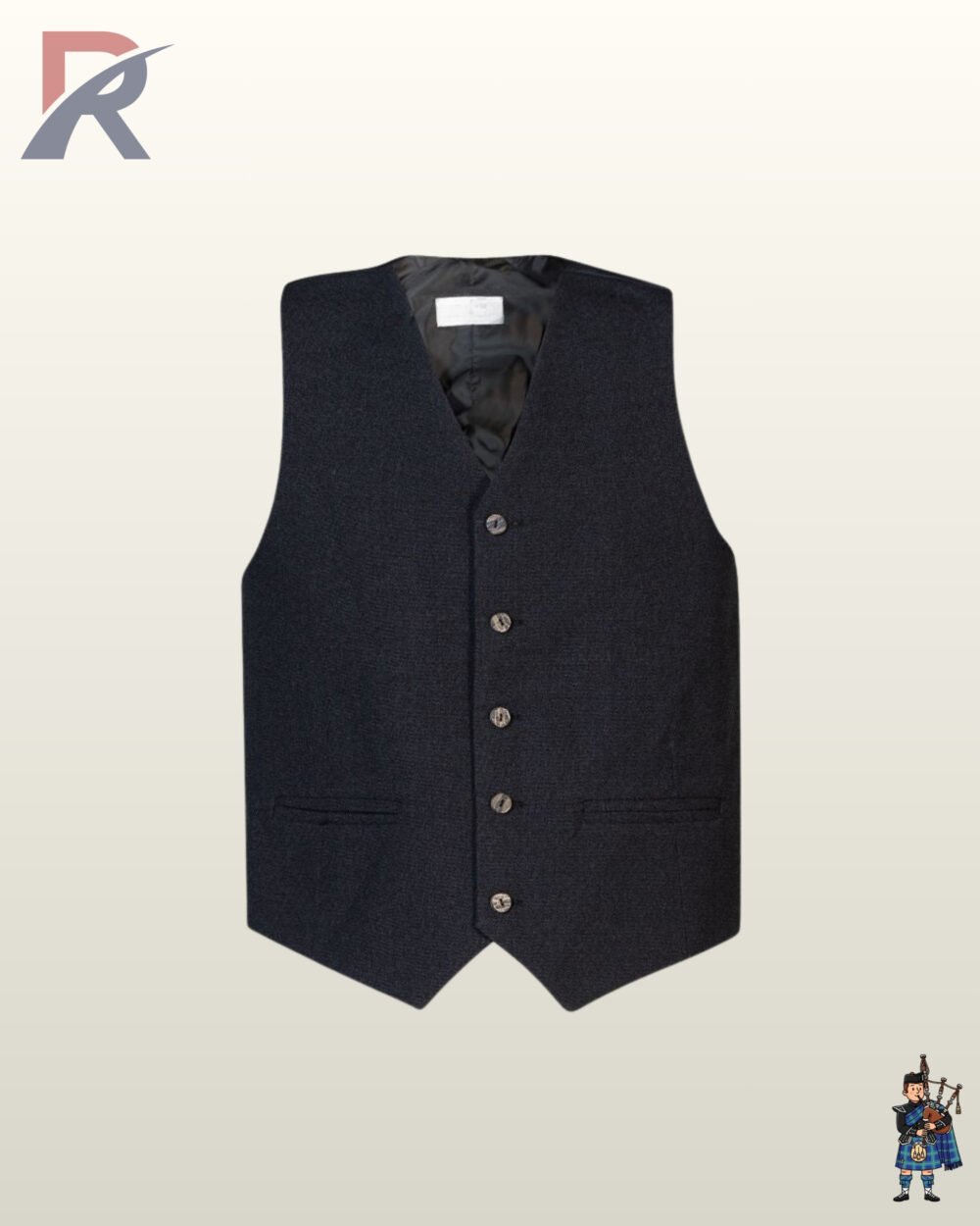 Front view of a men's 5-button dark charcoal wool tweed kilt waistcoat with horn buttons and welt pockets.