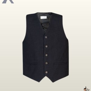 Front view of a men's 5-button dark charcoal wool tweed kilt waistcoat with horn buttons and welt pockets.