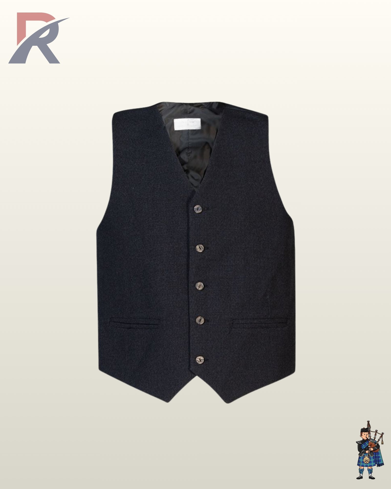 Front view of a men's 5-button dark charcoal wool tweed kilt waistcoat with horn buttons and welt pockets.