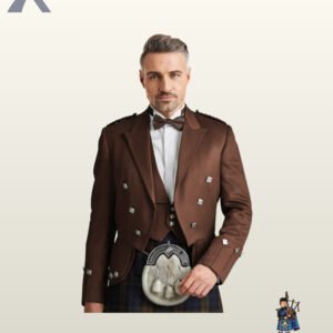 Front view of a model wearing a formal chocolate brown Prince Charlie kilt jacket set with a matching low-cut waistcoat and brown bow tie.