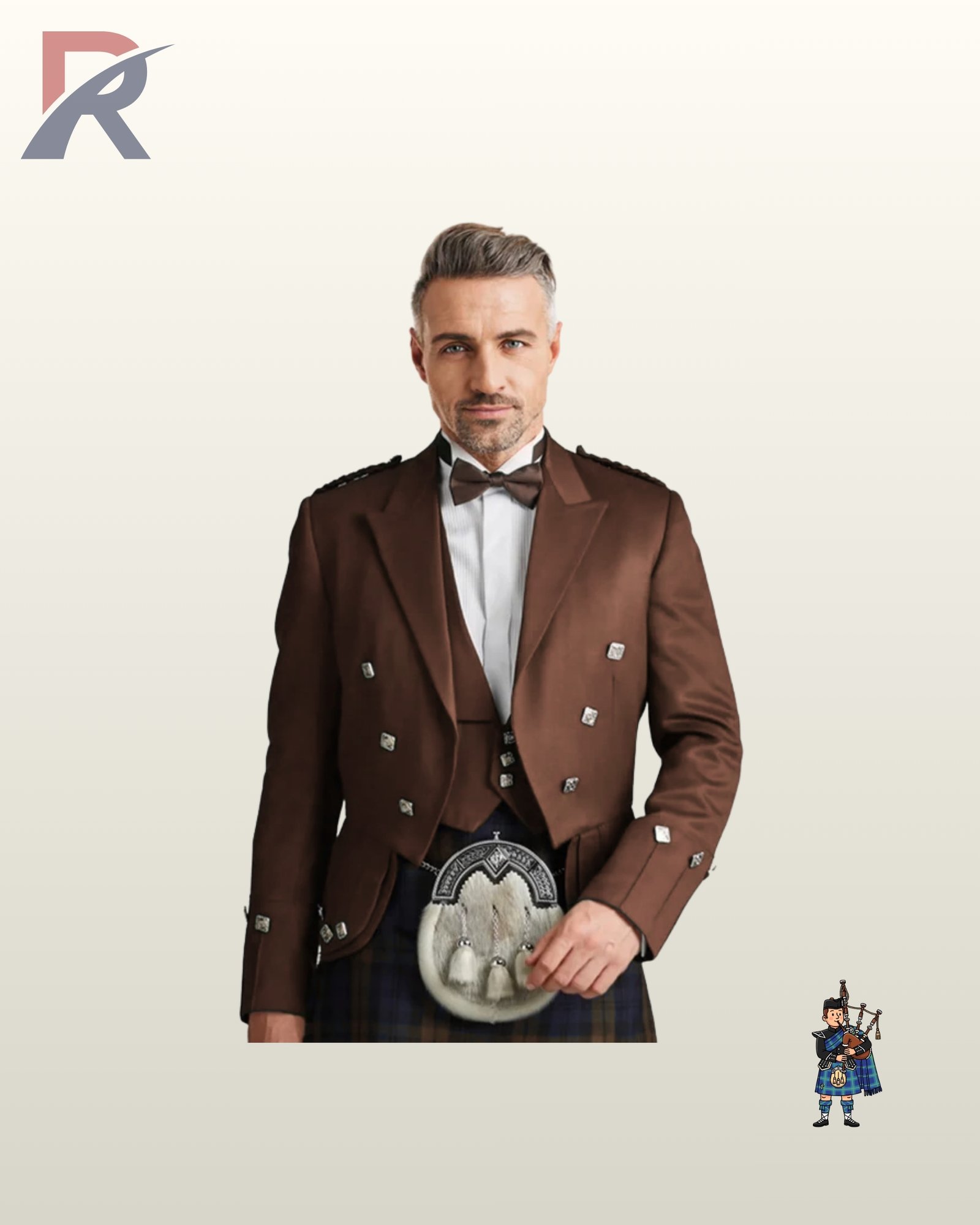 Front view of a model wearing a formal chocolate brown Prince Charlie kilt jacket set with a matching low-cut waistcoat and brown bow tie.