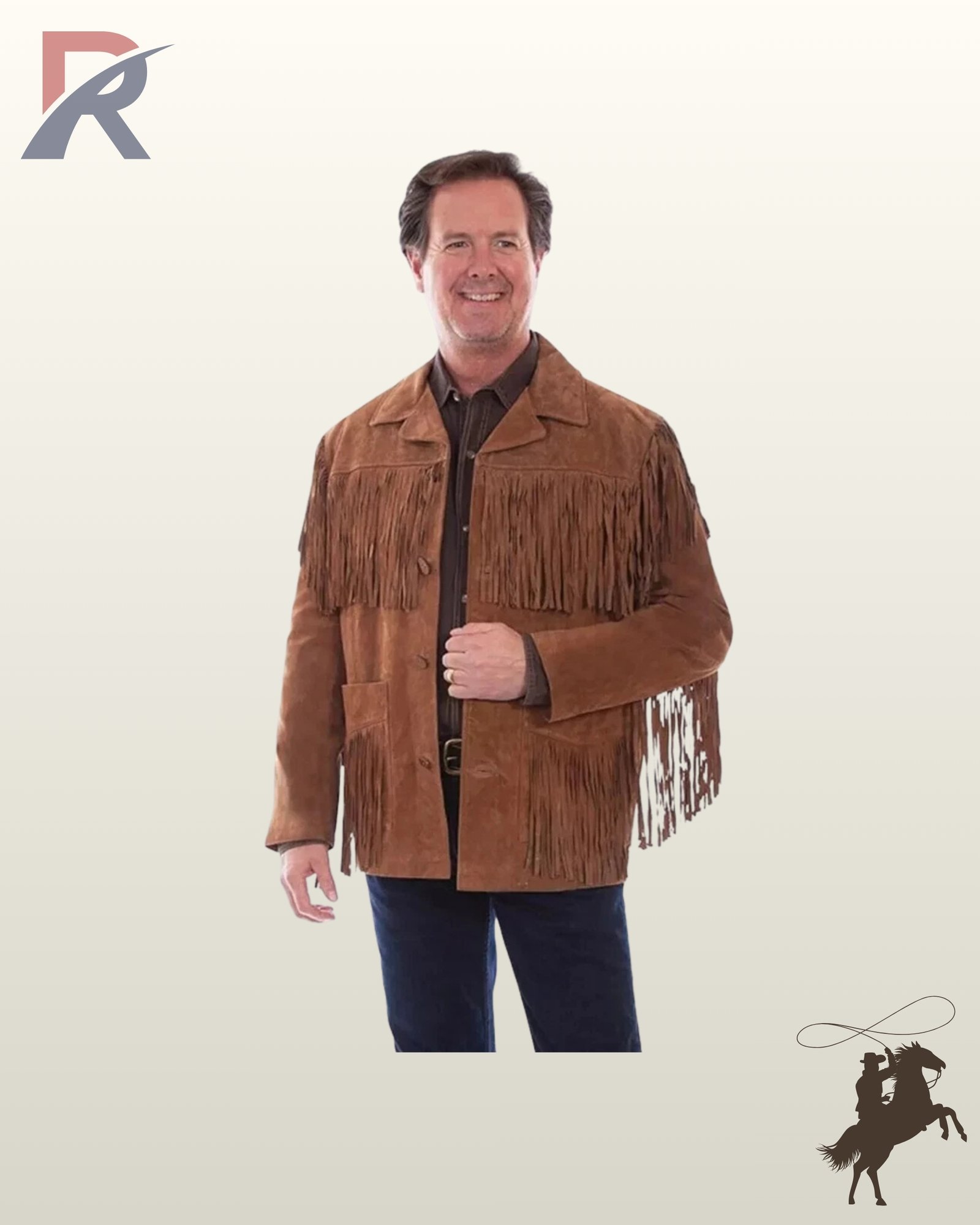 Front view of a model wearing a men's cognac brown suede western fringe jacket with button closures, notch lapels, and fringed patch pockets.