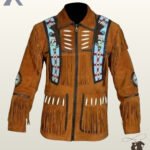 Front view of a men's cognac tan suede western jacket featuring eagle beaded shoulder strips, bone pipe beads, chest fringe panels, and full zipper closure.