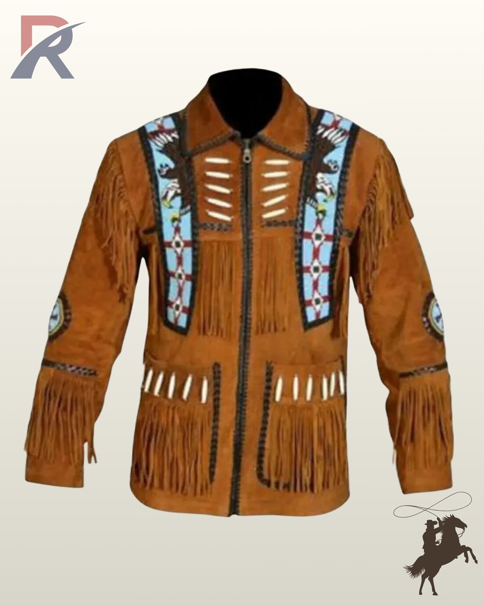 Front view of a men's cognac tan suede western jacket featuring eagle beaded shoulder strips, bone pipe beads, chest fringe panels, and full zipper closure.