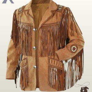 Front view of a men's cognac brown suede western jacket featuring silver concho buttons, bone pipe bead chest accents, beaded shoulder strips, and fringed patch pockets.