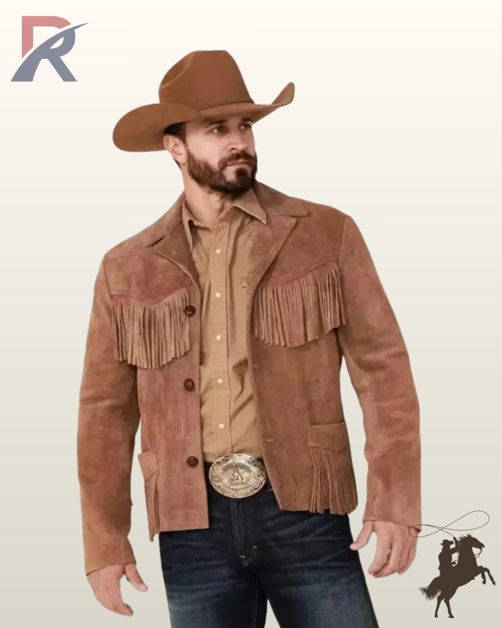 Front view of a model wearing a men's cognac brown suede western fringe blazer featuring button front closure, notch lapels, and fringed pockets.