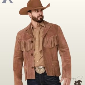 Front view of a model wearing a men's cognac brown suede western fringe blazer featuring button front closure, notch lapels, and fringed pockets.