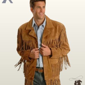 Front view of a model wearing a men's cognac brown suede western fringe coat with notch lapels, button closures, chest fringe, and a fringed hemline.