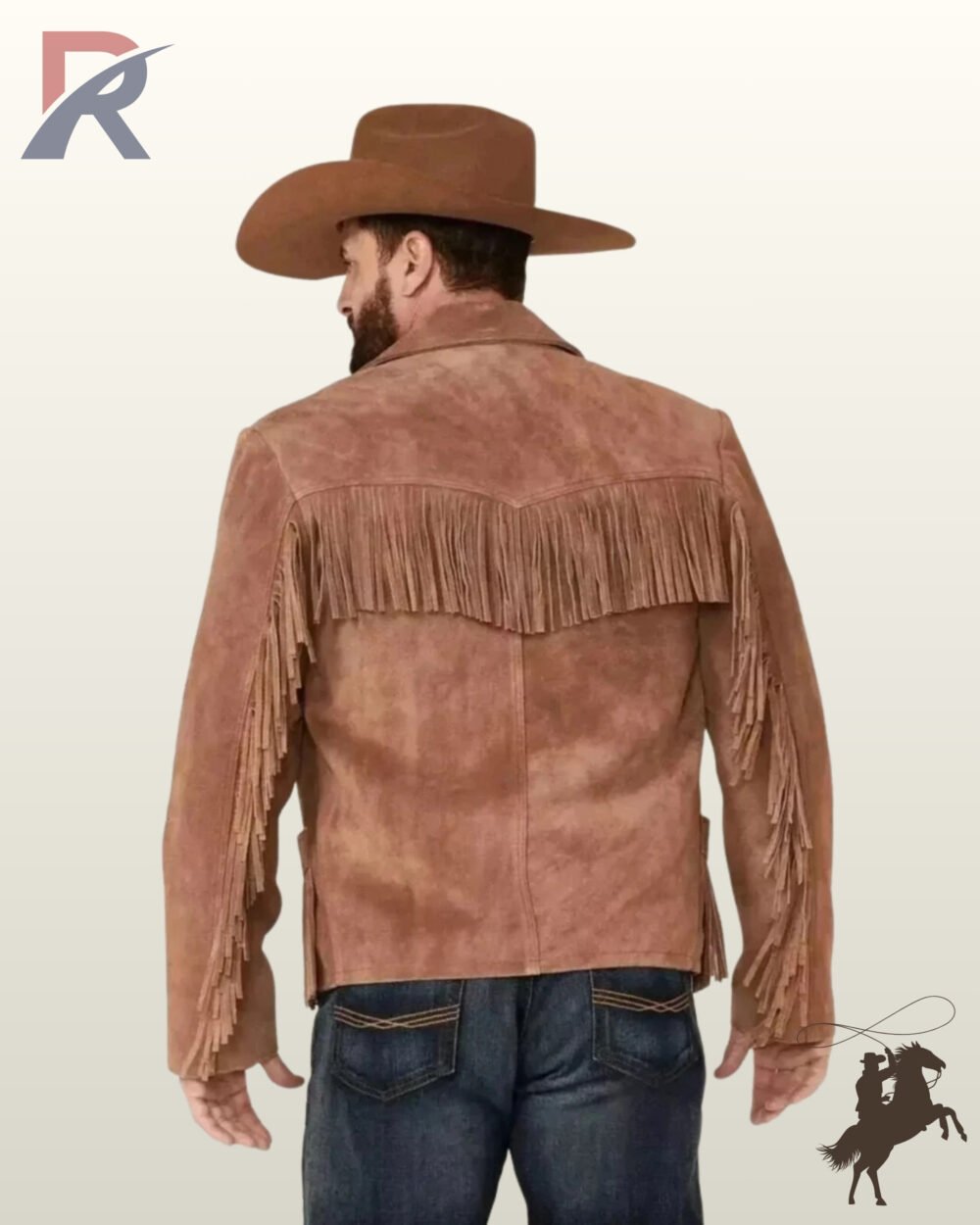 Rear view of a model in a brown cowboy hat wearing a men's cognac suede western jacket with a fringed back yoke and sleeve tassels.