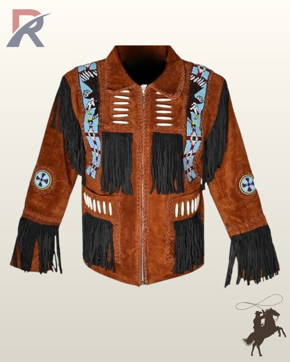 Front view of a men's cognac brown suede western jacket featuring black fringe panels, eagle beaded shoulder strips, bone pipe beads, and zipper closure.