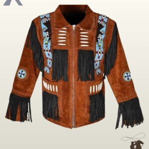 Front view of a men's cognac brown suede western jacket featuring black fringe panels, eagle beaded shoulder strips, bone pipe beads, and zipper closure.