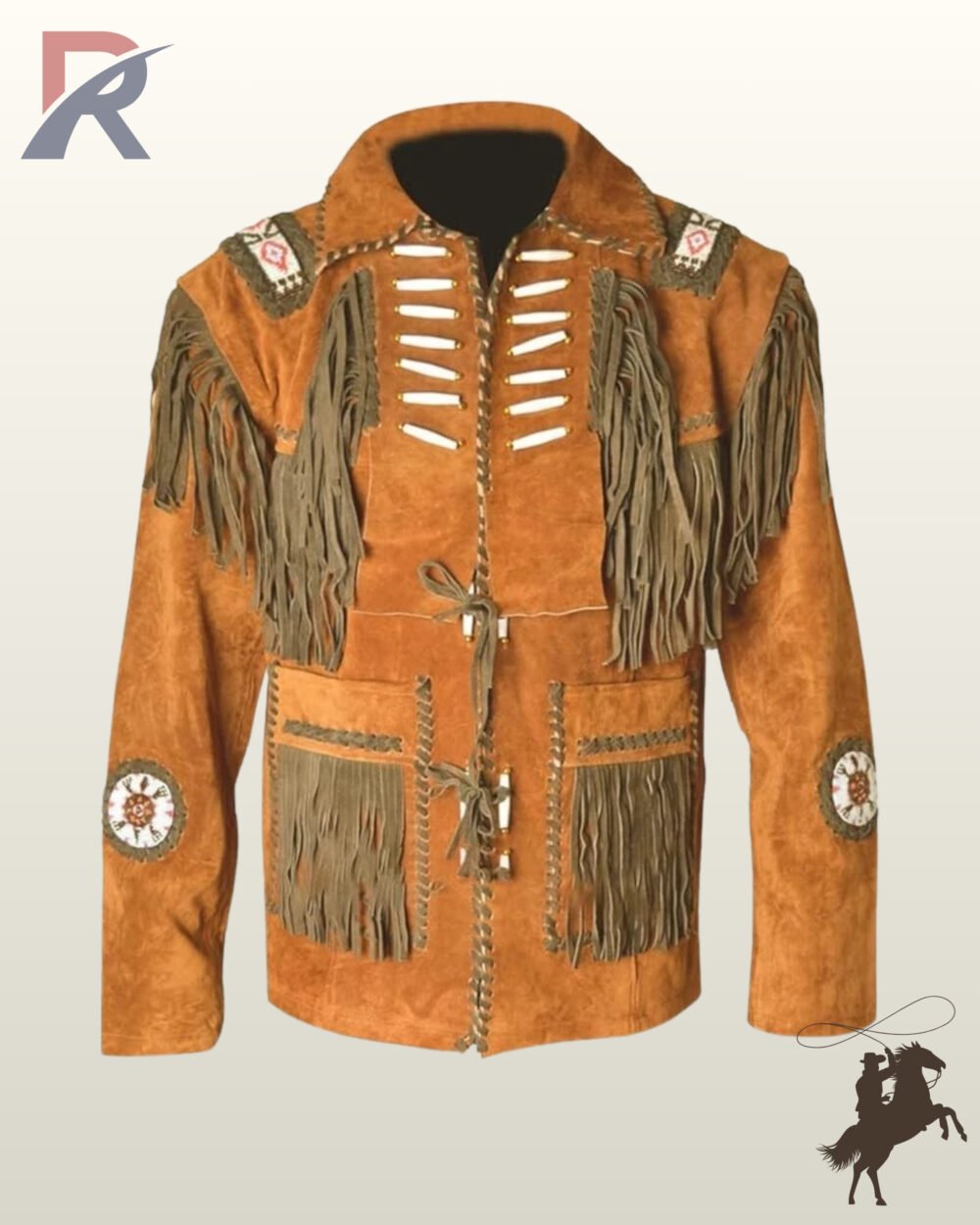 Front view of a men's cognac brown suede western jacket featuring olive green fringe, bone pipe bead accents, front tie closures, and beaded arm medallions.