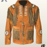Front view of a men's cognac brown suede western jacket featuring olive green fringe, bone pipe bead accents, front tie closures, and beaded arm medallions.