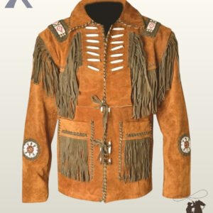 Front view of a men's cognac brown suede western jacket featuring olive green fringe, bone pipe bead accents, front tie closures, and beaded arm medallions.