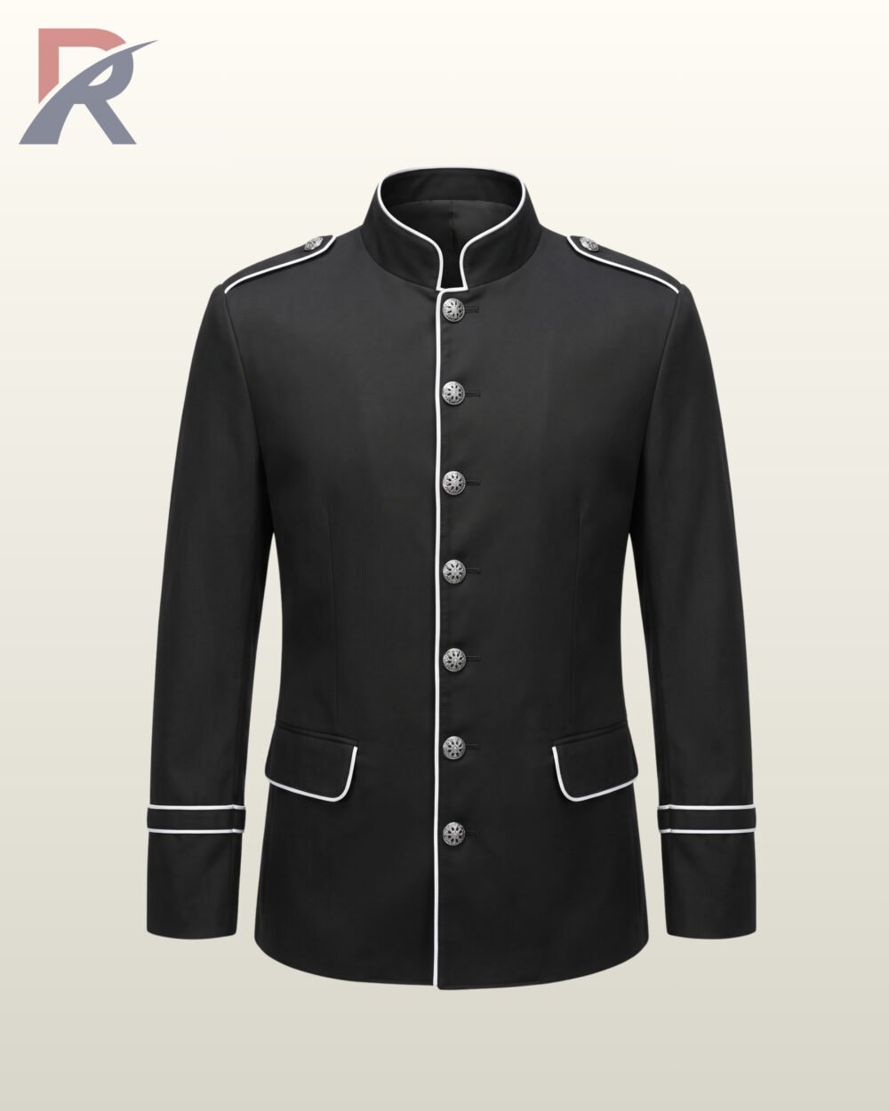 Flat display of a men's black military parade uniform jacket showcasing white piping around the standing collar, front closure, epaulet straps, and sleeve cuffs.