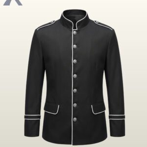 Flat display of a men's black military parade uniform jacket showcasing white piping around the standing collar, front closure, epaulet straps, and sleeve cuffs.