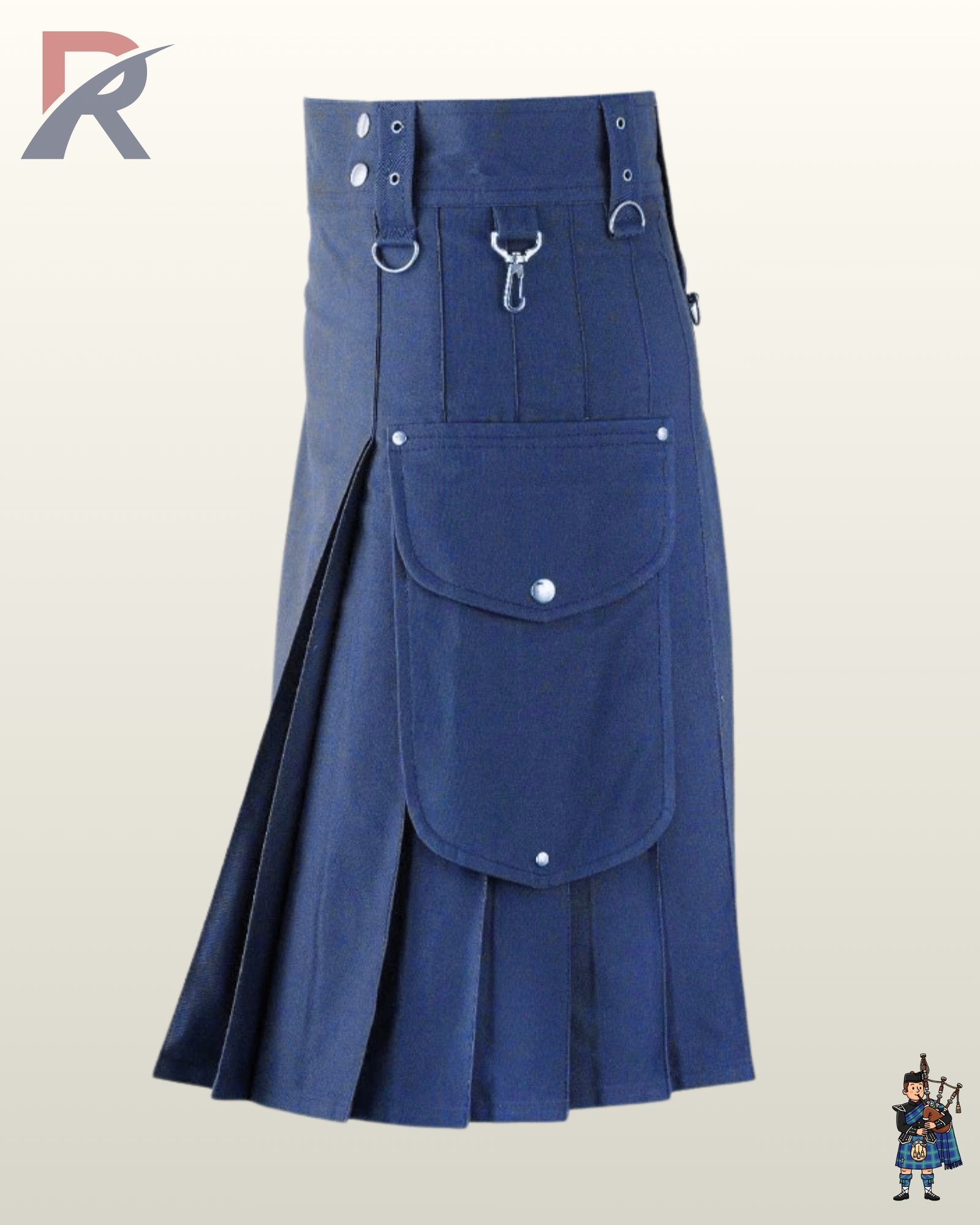 Heavy-duty dark blue canvas work kilt displaying front apron straps, silver D-ring hardware, and side pleats.