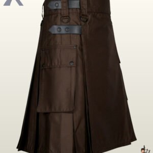Dark brown cotton tactical work kilt styled with black leather side straps and metallic D-ring loops.