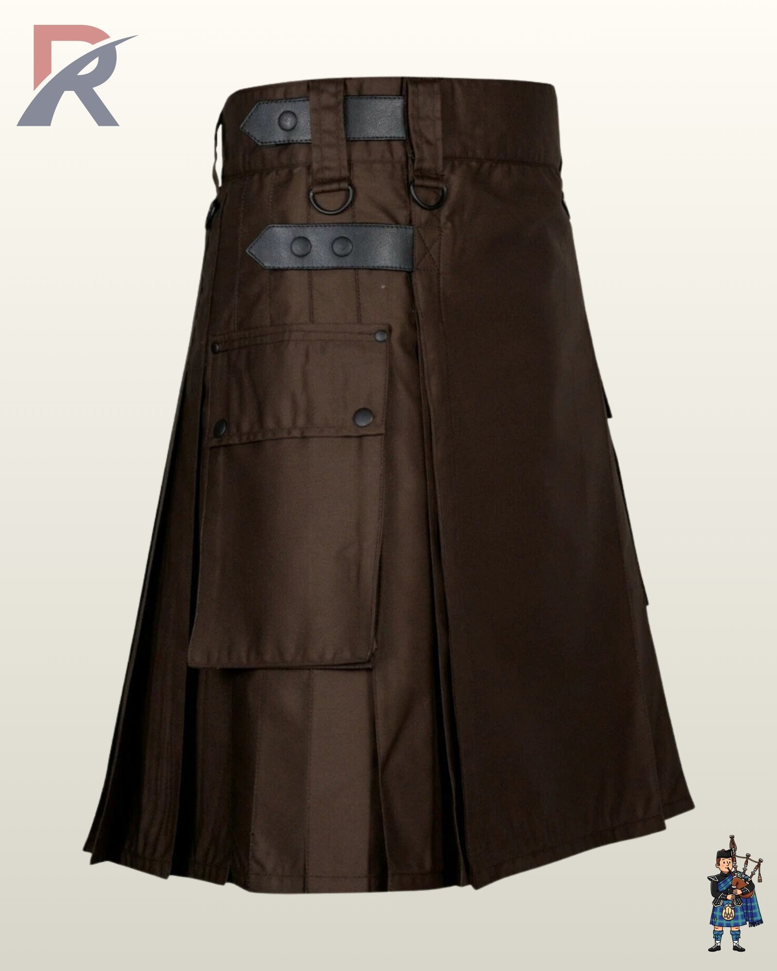 Dark brown cotton tactical work kilt styled with black leather side straps and metallic D-ring loops.