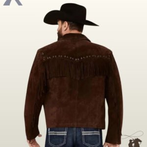 Rear view of a model in a black cowboy hat wearing a dark brown suede western jacket with a fringed back yoke and grommet detailing.