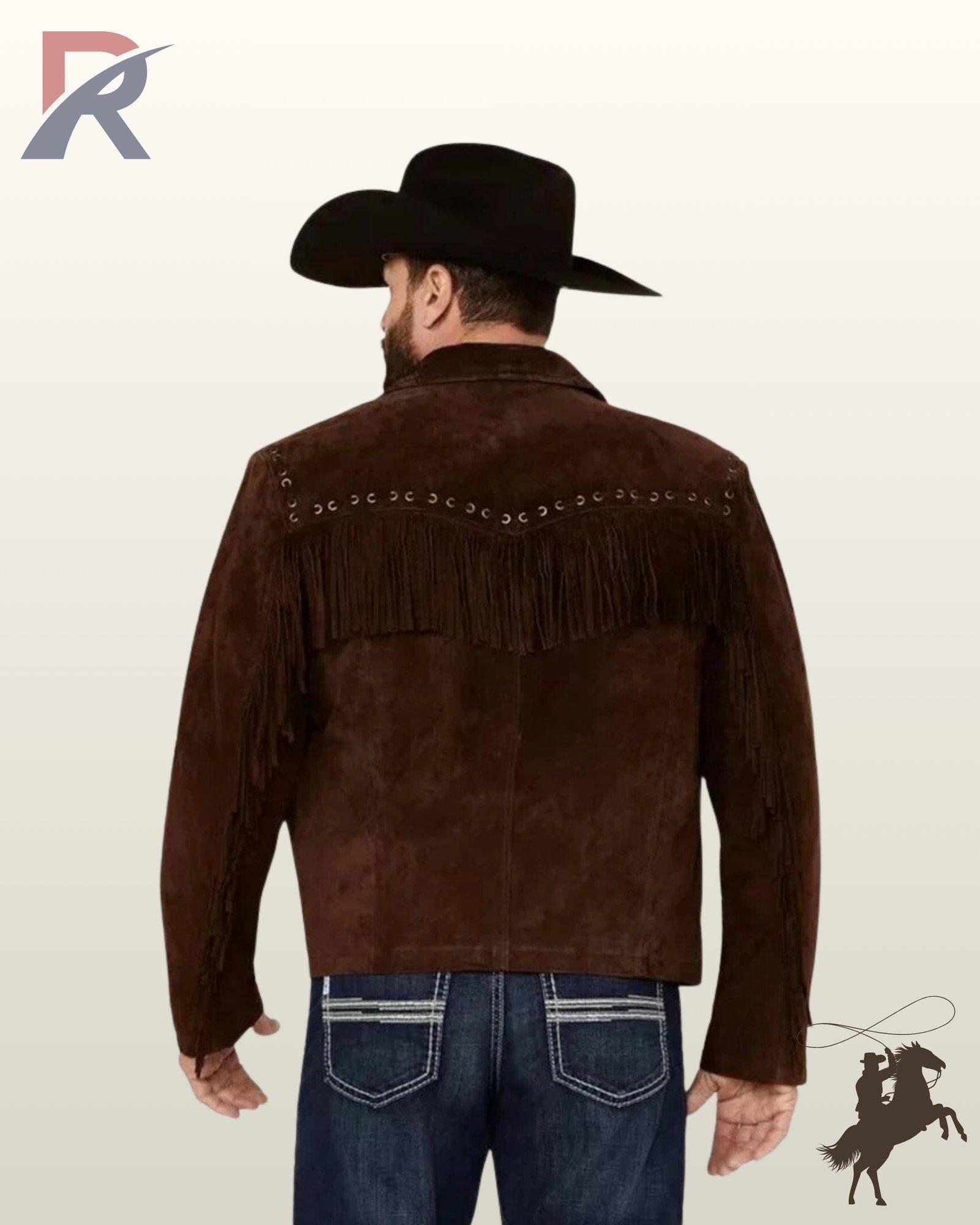 Rear view of a model in a black cowboy hat wearing a dark brown suede western jacket with a fringed back yoke and grommet detailing.