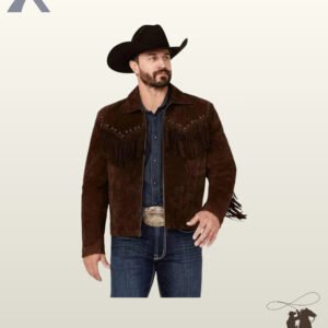 Full front profile of a men's dark brown suede cowboy jacket styled with grommeted western yokes, zip closure, and denim shirt.