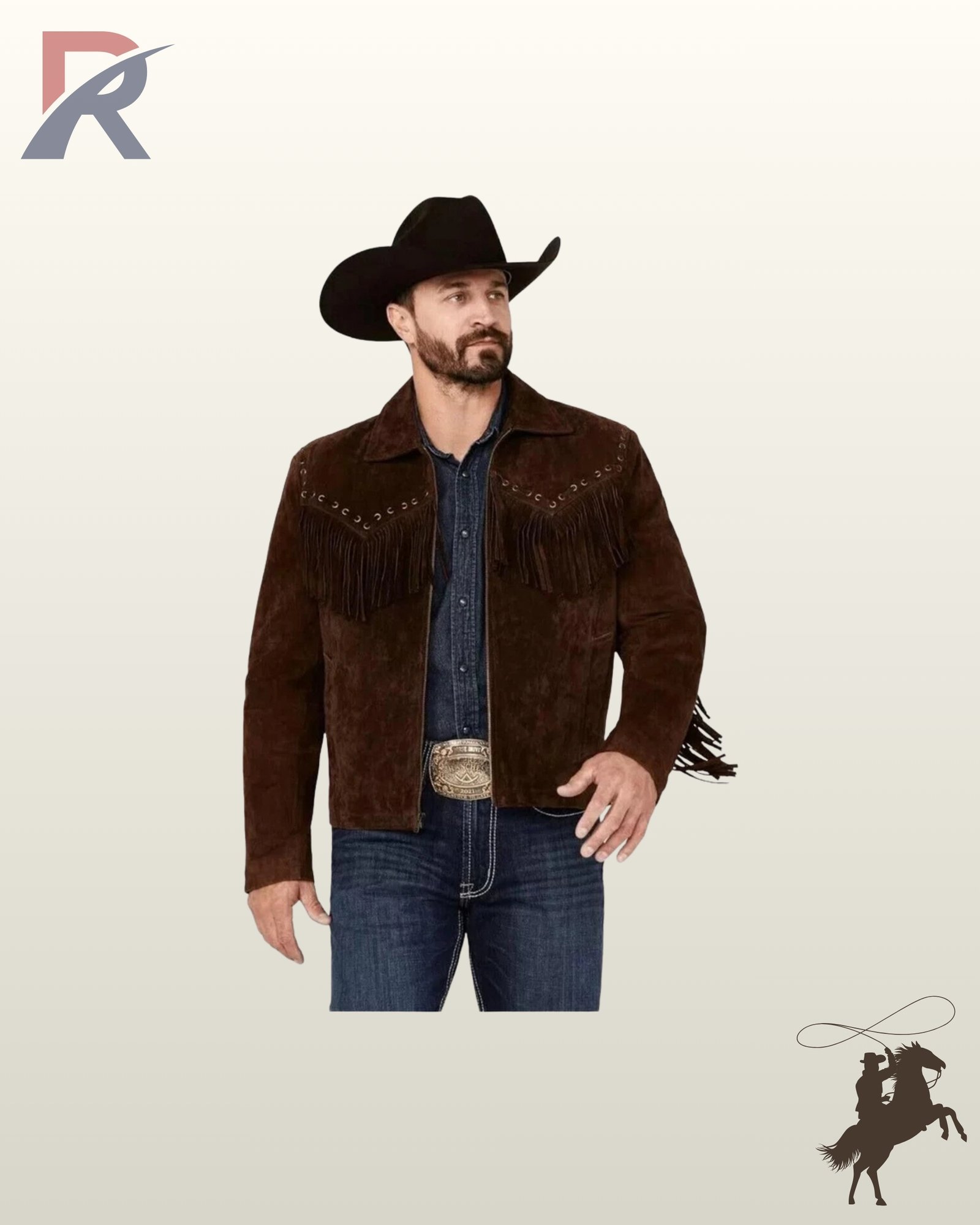 Full front profile of a men's dark brown suede cowboy jacket styled with grommeted western yokes, zip closure, and denim shirt.